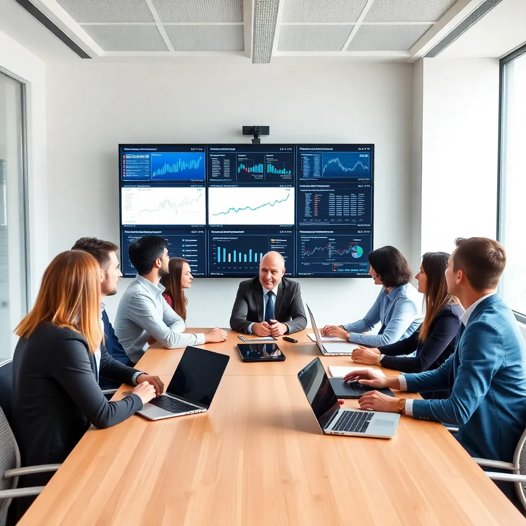 Data-analyseteam bespreekt geavanceerde analyses in vergaderruimte