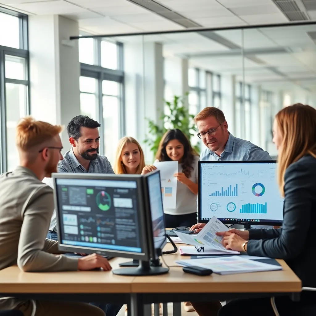 Professioneel team voert marktanalyse uit in modern Nederlands kantoor