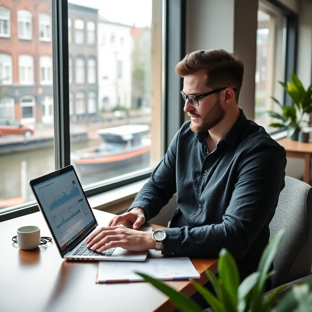 Ondernemer gebruikt data-analyse software op laptop