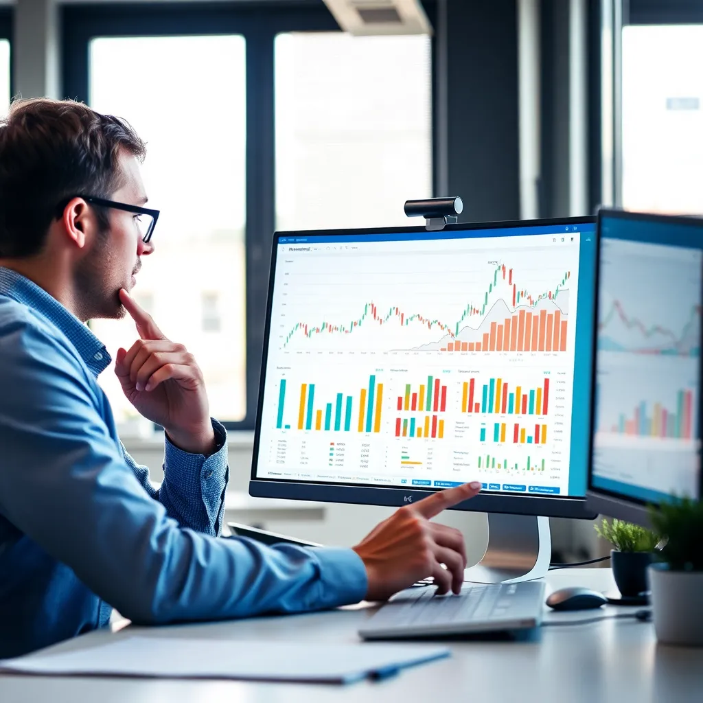 Nederlandse business analist bestudeert dashboards op computer