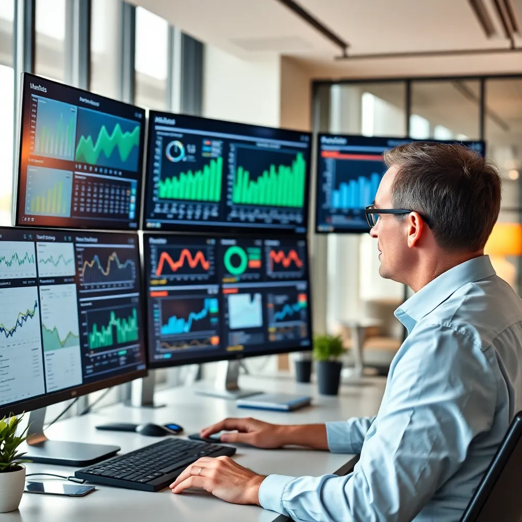 Professionele marktanalist die consumententrends bestudeert op meerdere schermen